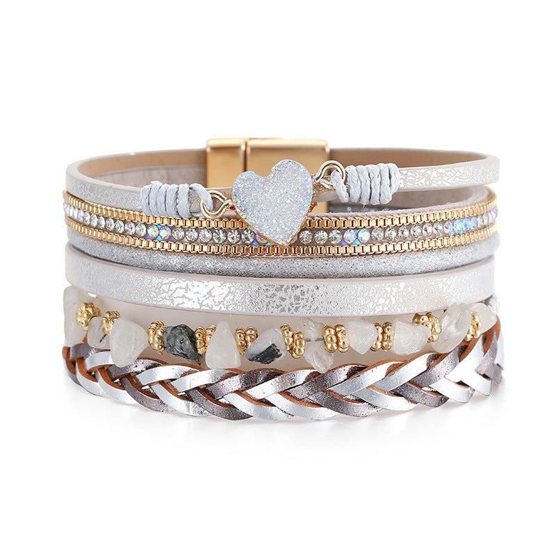 Wholesale Love Retro Hand-woven Leather Multi-layer Diamond-encrusted Ethnic Style Gravel Bracelet